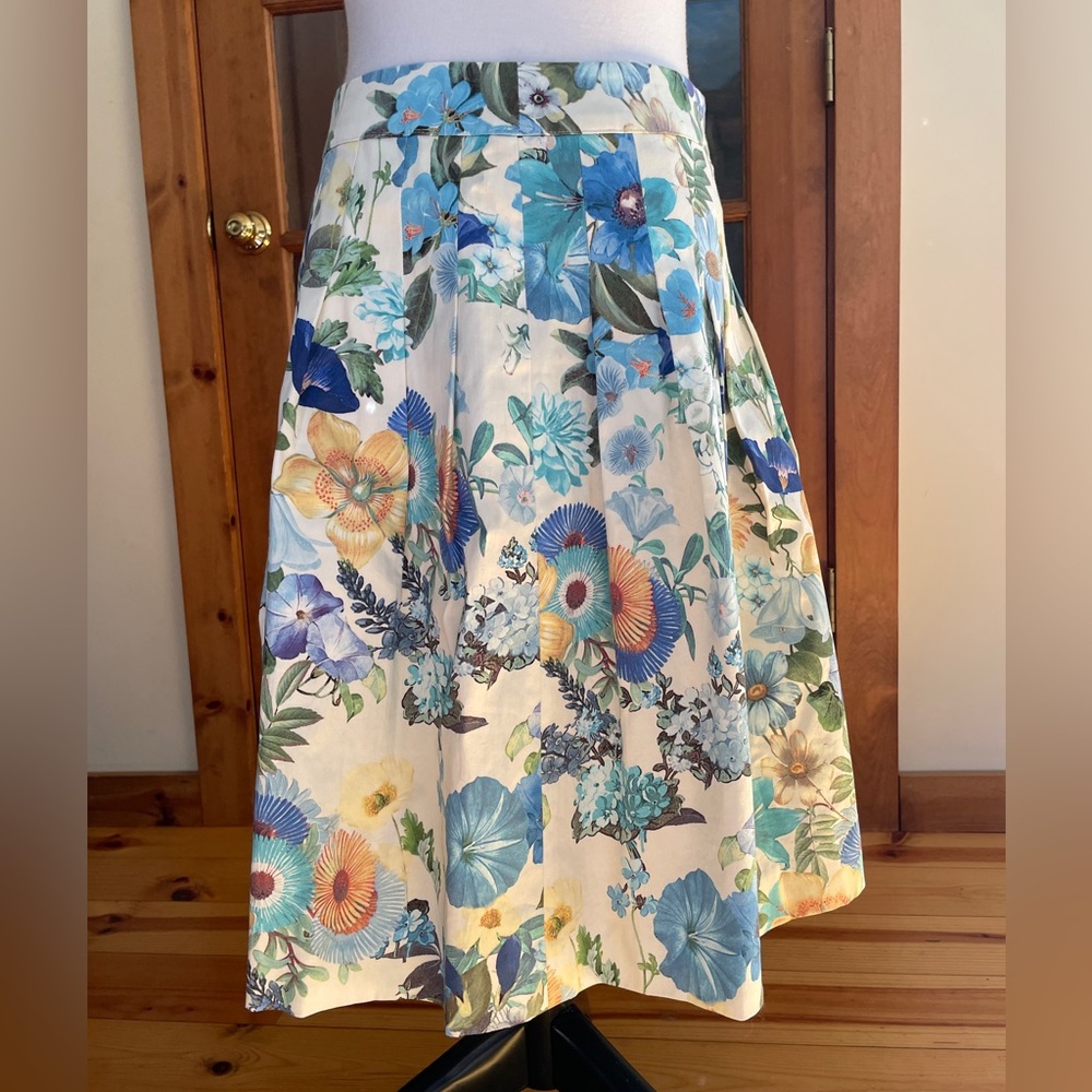 NEW TALBOTS FLORAL PLEATED FLARED A-LINE SKIRT IVORY BLUE GREEN 2P NWOT SPRING!